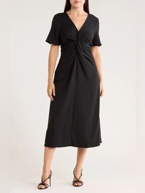 16. Nordstrom Rack • NWOT $80 Classic Black Twist-Front Midi Dress PTP 17”-20”